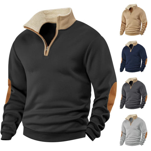 Herren nan Sherpa-gefütterter Halbzip-Pullover mit Stehkragen und Leder-Ellenbogenpatches EB