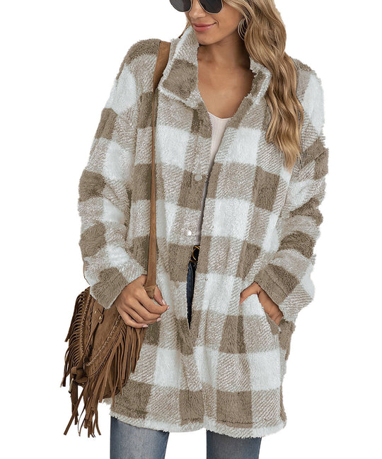 Damen Fleecejacke mit Karomuster und praktischen Taschen EB