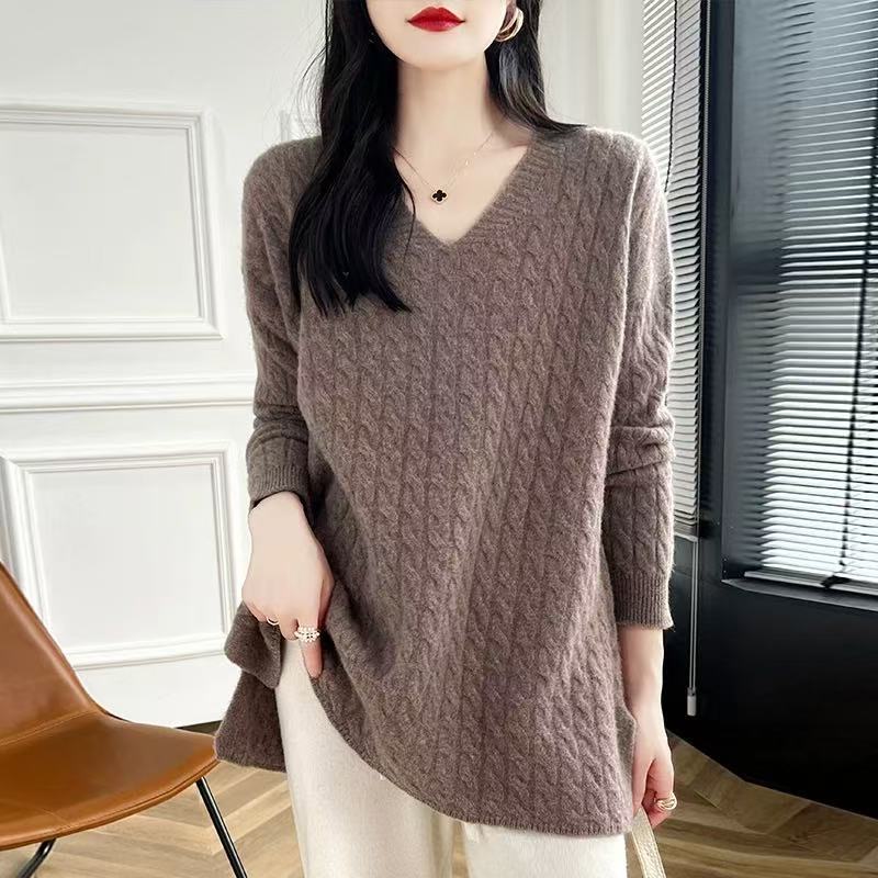 Damen Grobstrickpullover mit V-Ausschnitt und lässigem Schnitt EB