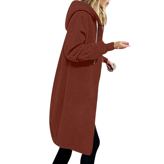Damen nan langer Oversize Kapuzenmantel mit gerundetem Saum und Reißverschlusstaschen EB