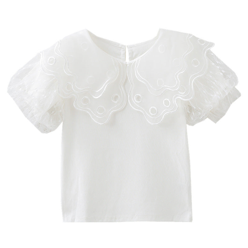 Mädchen Bluse mit transparenten Tüllärmeln und floralem Design EB