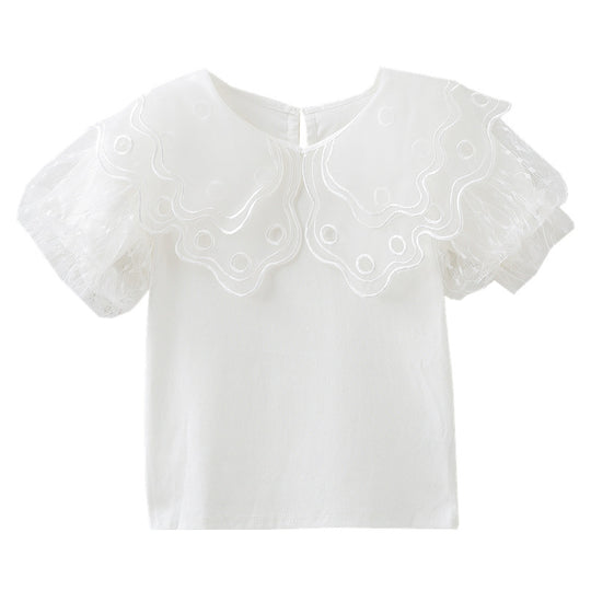 Mädchen Bluse mit transparenten Tüllärmeln und floralem Design EB