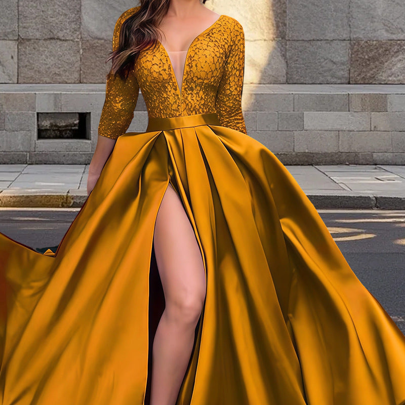 Damen Elegantes Abendkleid mit tiefem V-Ausschnitt und seitlichem Schlitz EB