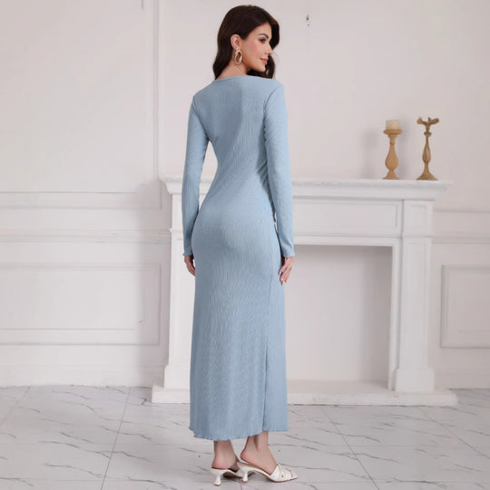 Damen Langarm Maxikleid aus hochwertigem Rippstrickstoff mit elegantem Schlitz EB