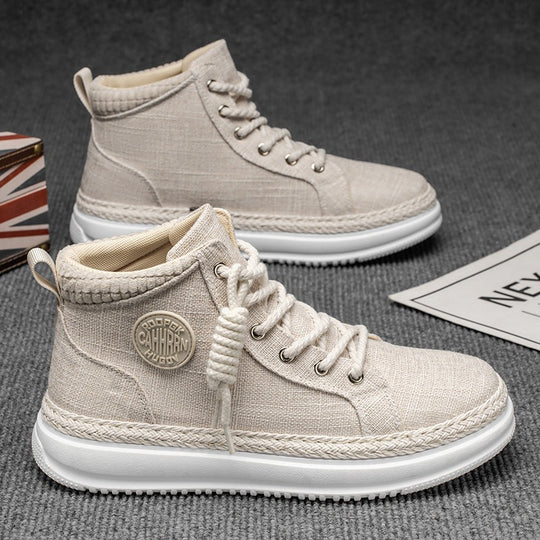 Damen hohe Freizeit‑Sneaker mit meliertem Textilobermaterial, geflochtener Jute‑Zierkante und gedämpfter Plateau‑Sohle EB
