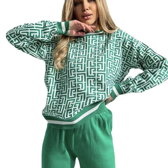 Damen modisches Strick-Loungewear-Set mit grafischem Muster EB