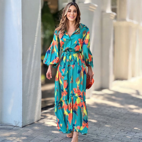 Damen Maxikleid mit floralen Akzenten und elegantem Gürtel EB