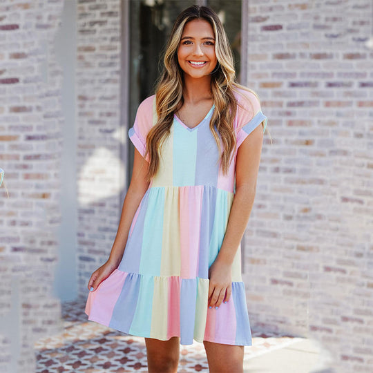 Damen lässiges Kurzarm Kleid mit buntem Streifenmuster EB