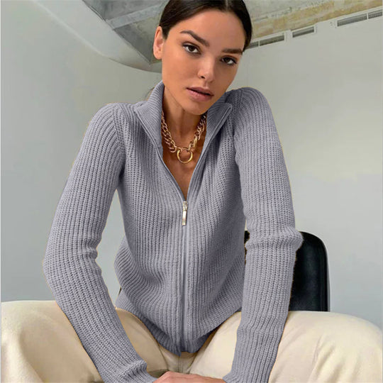 Damen Strickjacke mit hohem Kragen und innovativem Zipper EB