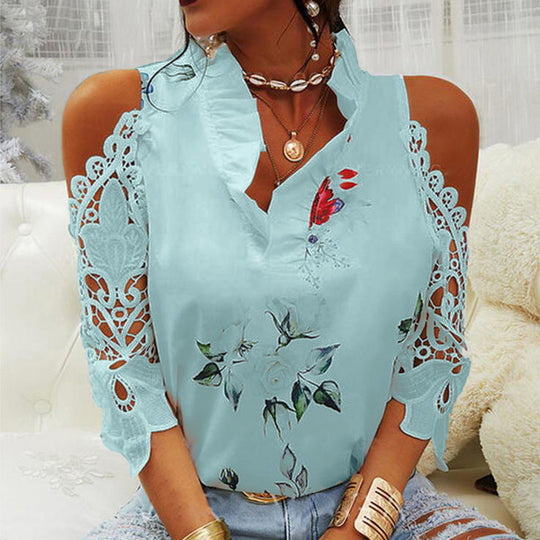 Damen Bluse mit Cut-Out-Ärmeln und floralem Design EB