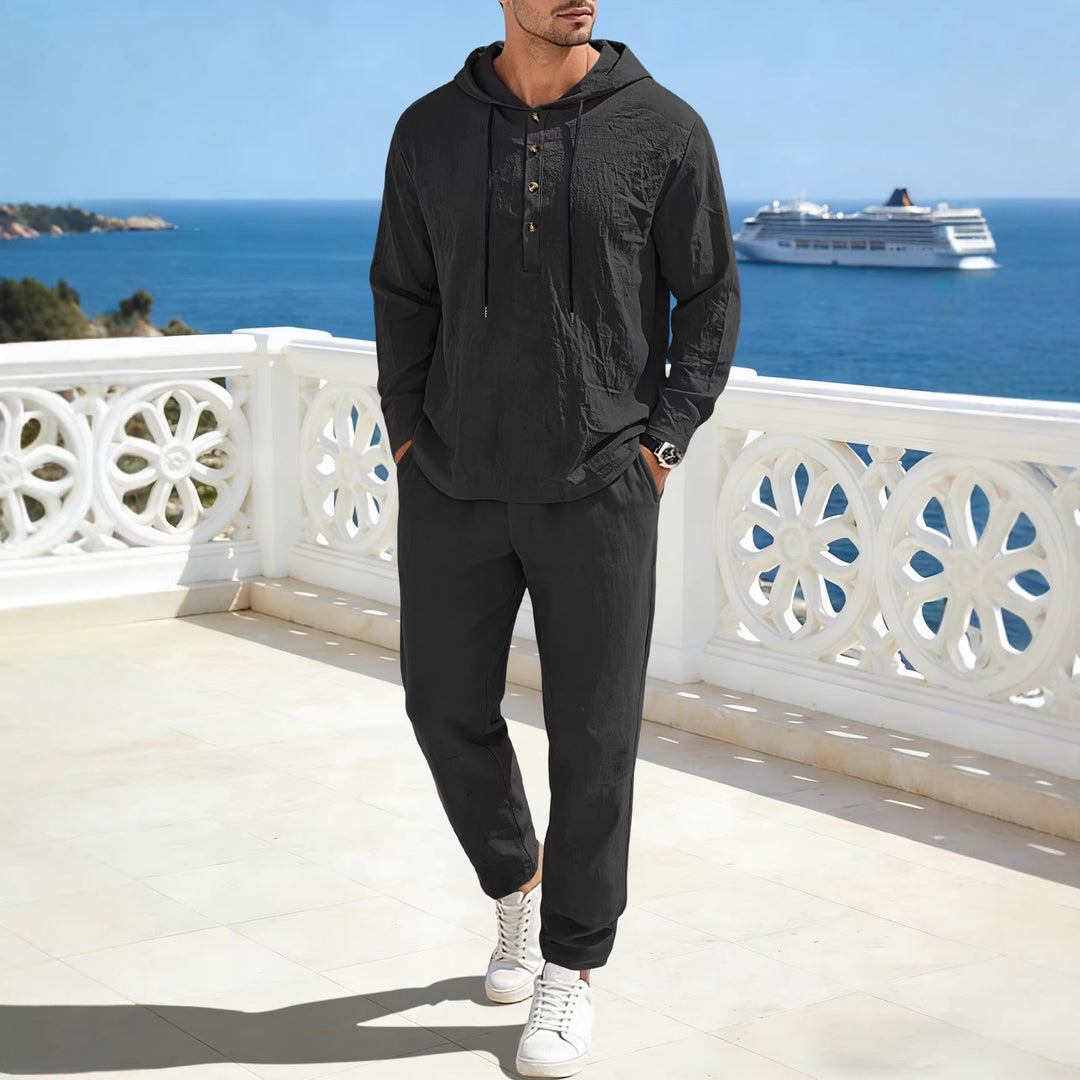 Herren nan entspannter Kapuzen-Henley Freizeitanzug aus leichter Baumwollmischung in Leinenoptik mit Kordelzug und elastischer Bundhose EB