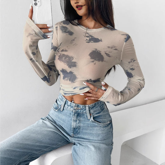 Damen figurbetontes Longsleeve-Oberteil mit einzigartigem Farbmuster EB