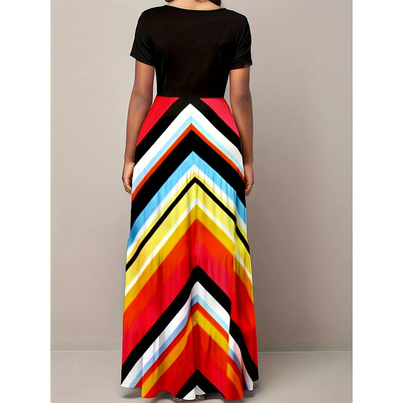 Damen Maxikleid mit modischem Zickzackmuster und angeschnittenem Ärmel EB