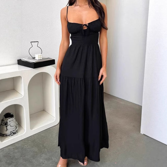 Damen Maxikleid mit verspielt geschnürtem Oberteil und fließendem Rock EB