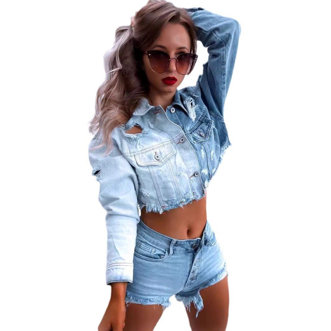 Damen Cropped Denimjacke mit fransigen Details und trendigem Destroyed-Look EB