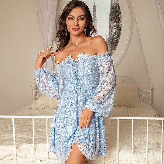 Damen Off-Shoulder Spitzenkleid mit weitem Schößchen EB