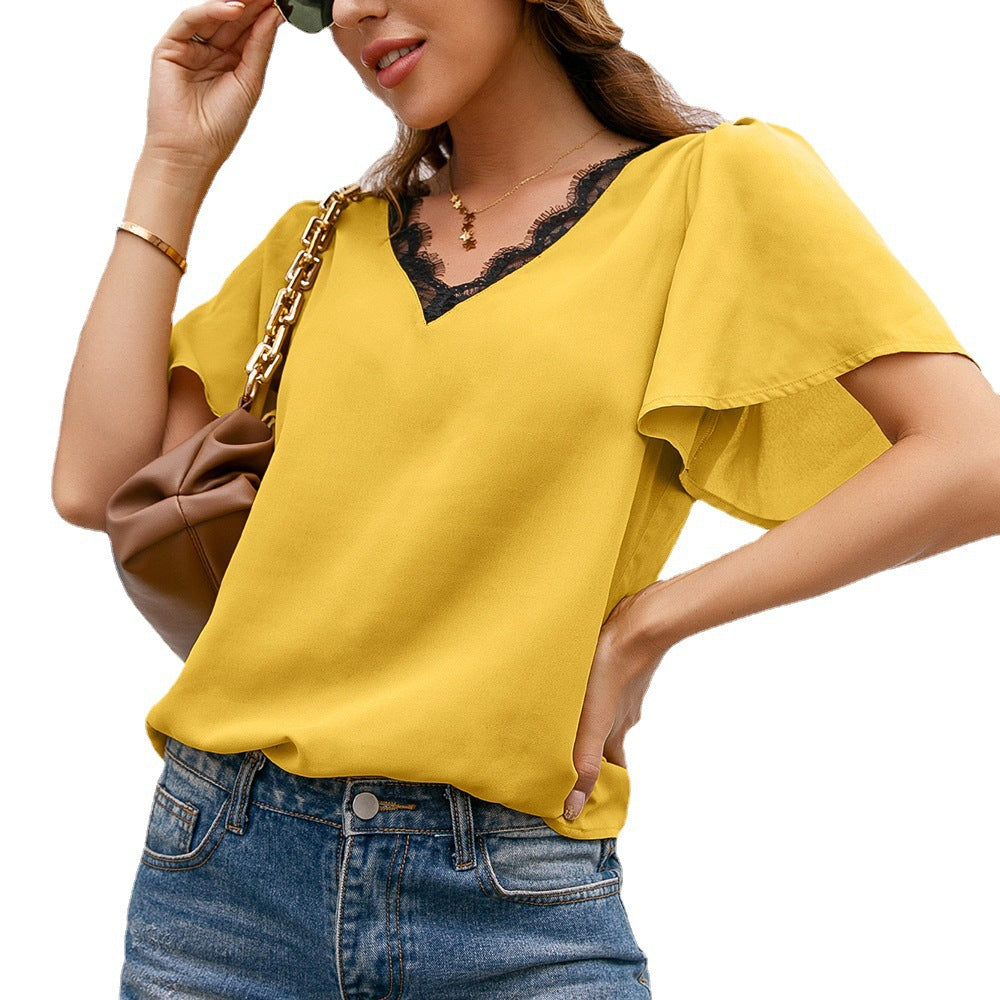 Damen elegantes Oberteil mit Spitzenbesatz und V-Ausschnitt EB