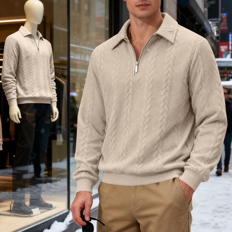 Herren nan strukturierter Strickpullover mit halbem Reißverschluss, Polokragen und Zopfmuster EB