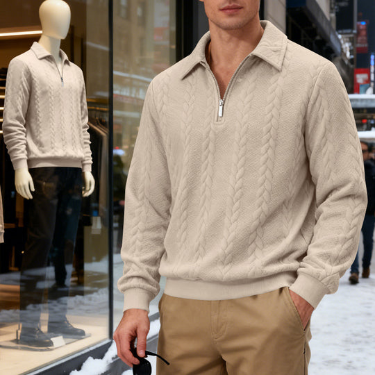 Herren nan strukturierter Strickpullover mit halbem Reißverschluss, Polokragen und Zopfmuster EB