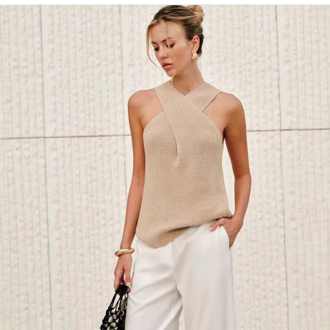 Damen Elegantes Stricktop mit gekreuztem Design und V-Ausschnitt EB