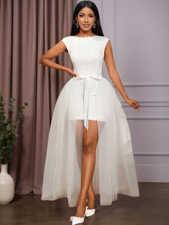Damen Midi-Brautkleid mit verziertem Oberteil und transparentem Tüll Überrock EB
