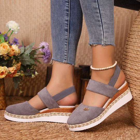 Damen  Espadrille-Keilpantoletten mit elastischem Fersenriemen, Veloursoptik-Obermaterial und geflochtenem Jute-Plateau EB