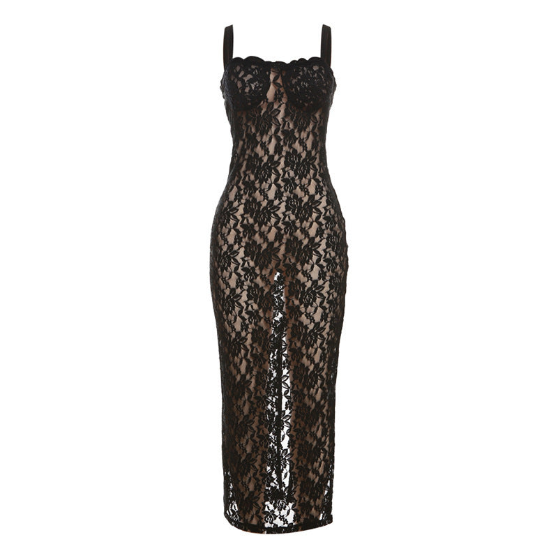 Damen Spitzenkleid mit verführerischem Schlitz und Spaghettiträgern EB