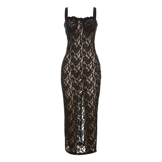 Damen Spitzenkleid mit verführerischem Schlitz und Spaghettiträgern EB