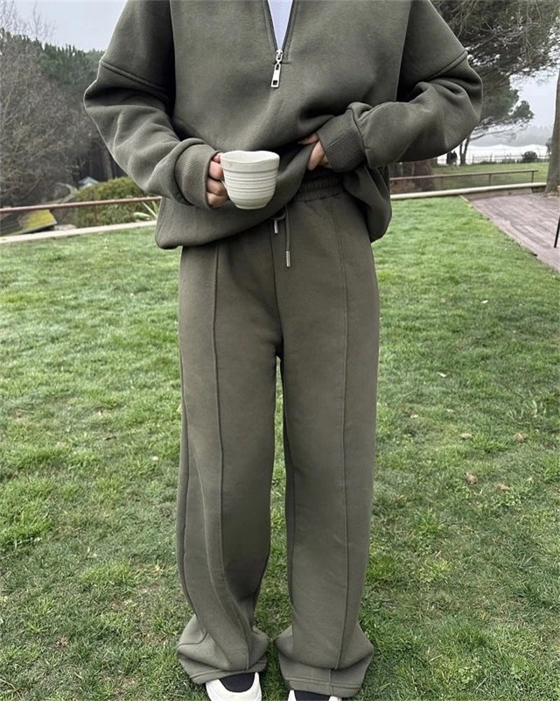 Damen Oversized Fleece-Lounge-Set mit Halb-Reißverschluss und weiten Jogginghosen EB
