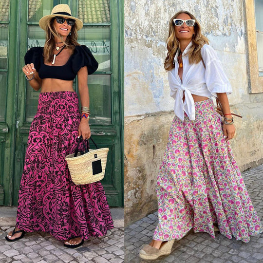 Damen Maxi-Rock mit kunstvollem floralen Muster und elastischem Taillenband EB