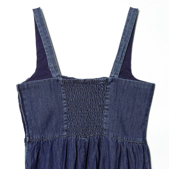 Damen Denim Maxikleid mit schwingendem Rock und verstellbaren Trägern EB