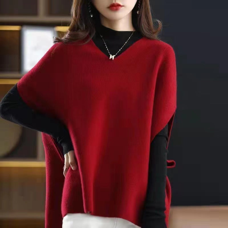 Damen Strickponcho mit V-Ausschnitt und eleganter Silhouette EB
