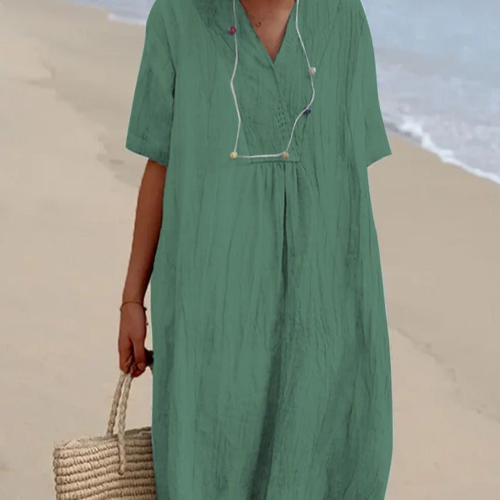 Damen lässiges Midi-Kleid mit V-Ausschnitt und bequemen Kurzärmeln EB