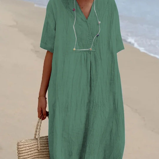 Damen lässiges Midi-Kleid mit V-Ausschnitt und bequemen Kurzärmeln EB