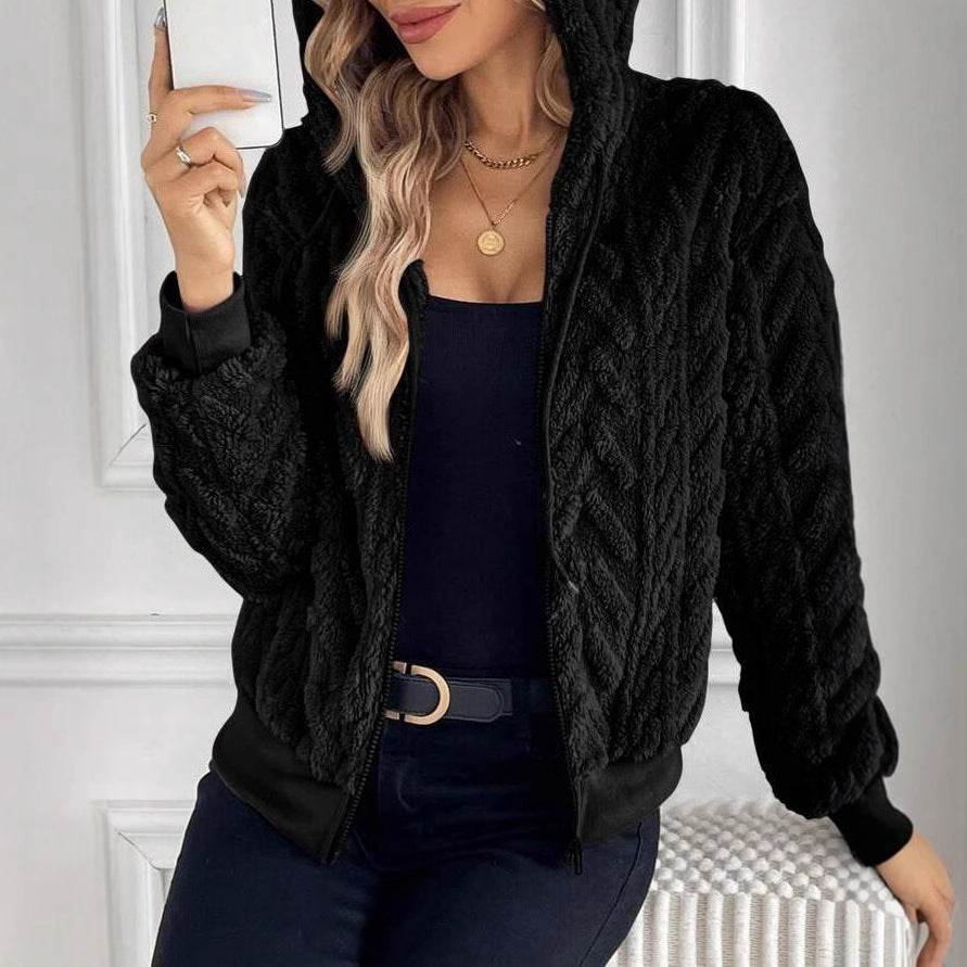 Damen modische Plüschjacke mit Kapuze und gerippten Bündchen EB