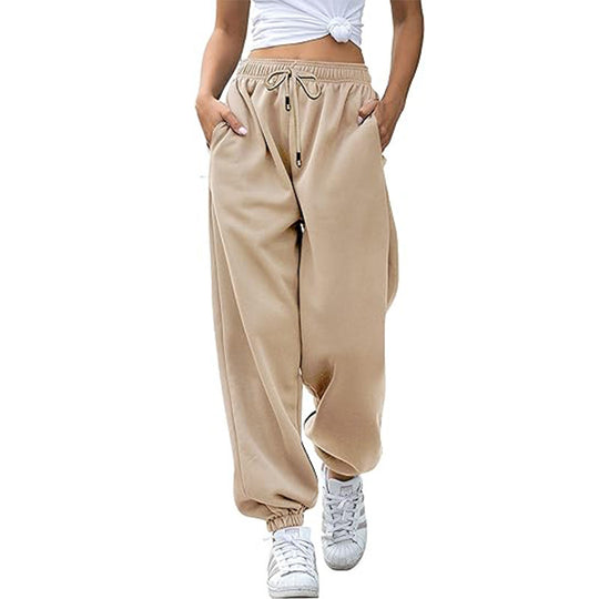 Damen nan Cozy-Sweat-Palazzohose mit hohem Komfortbund, integriertem Kordelzug und gerafften Knöchelabschlüssen EB