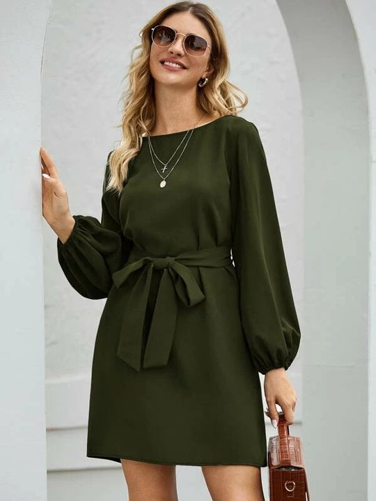 Damen nan elegantes Etuikleid mit Ballonärmeln und Taillengürtel EB