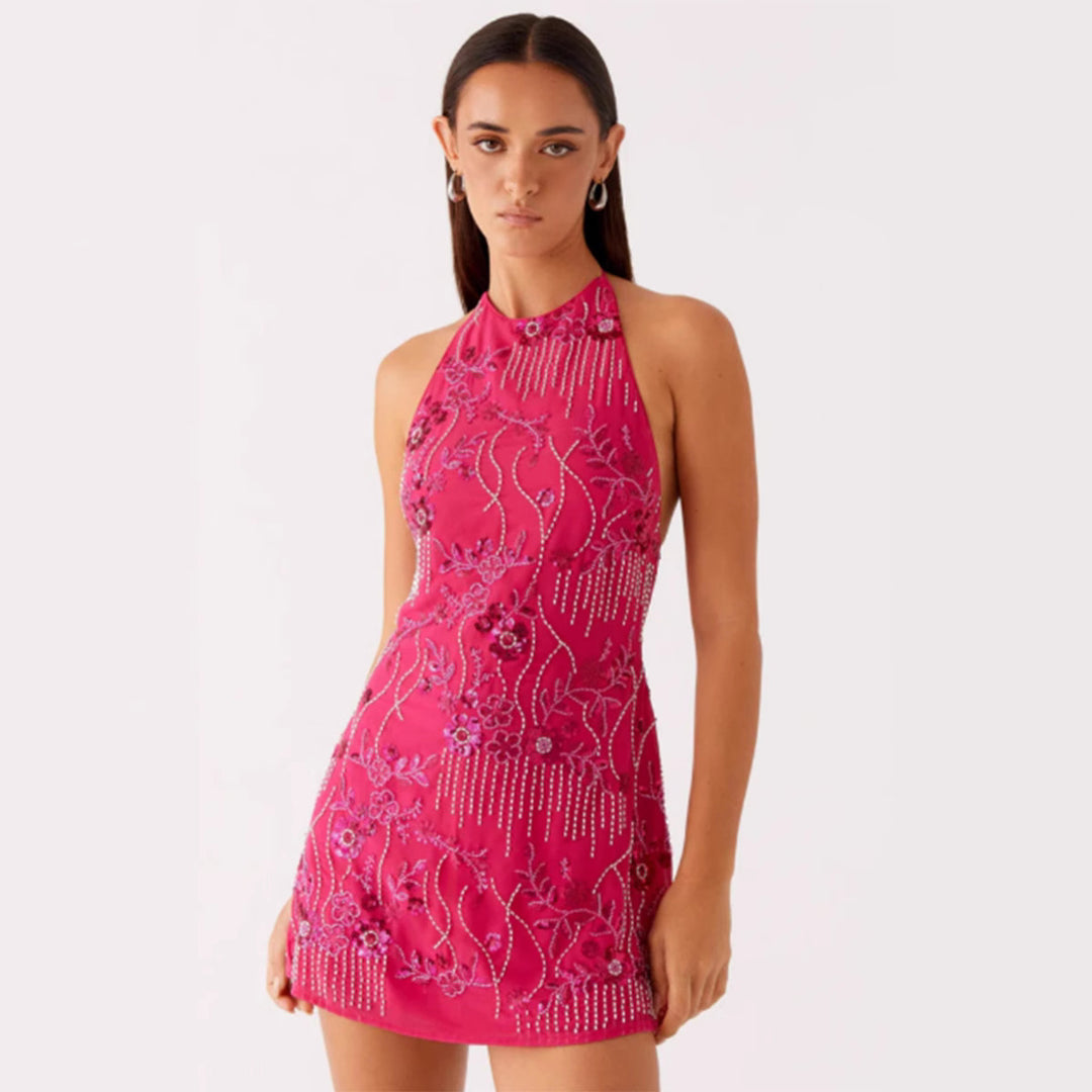 Damen Festliches Etuikleid mit floralen Applikationen und funkelnden Details EB