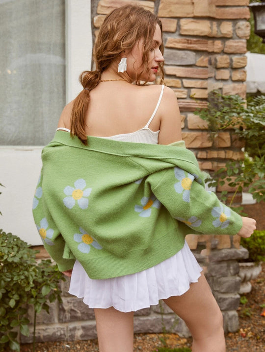Damen Kürzer Strickcardigan mit floralen Motiven und Knopfdetails EB