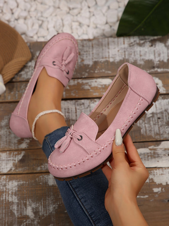 Damen  klassische Mokassin-Loafer mit Quasten, Handnahtdetail und profilierter Gummisohle EB