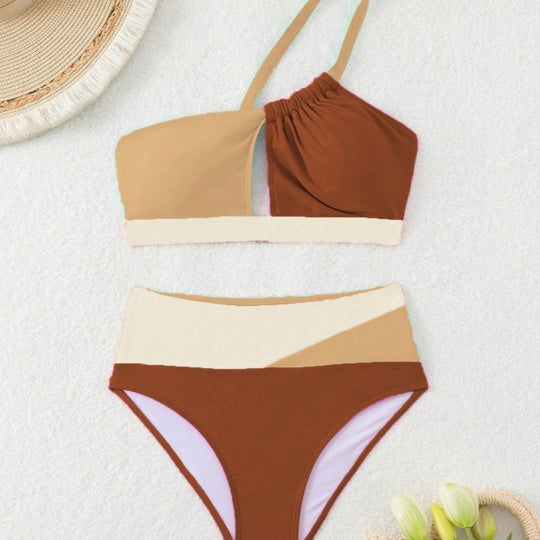 Damen Bikiniset mit asymmetrischem Schnitt und hohem Bund EB