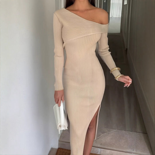 Damen nan eng anliegendes One-Shoulder-Rippenkleid mit asymmetrischem Ausschnitt und figurbetonter Midi-Silhouette EB
