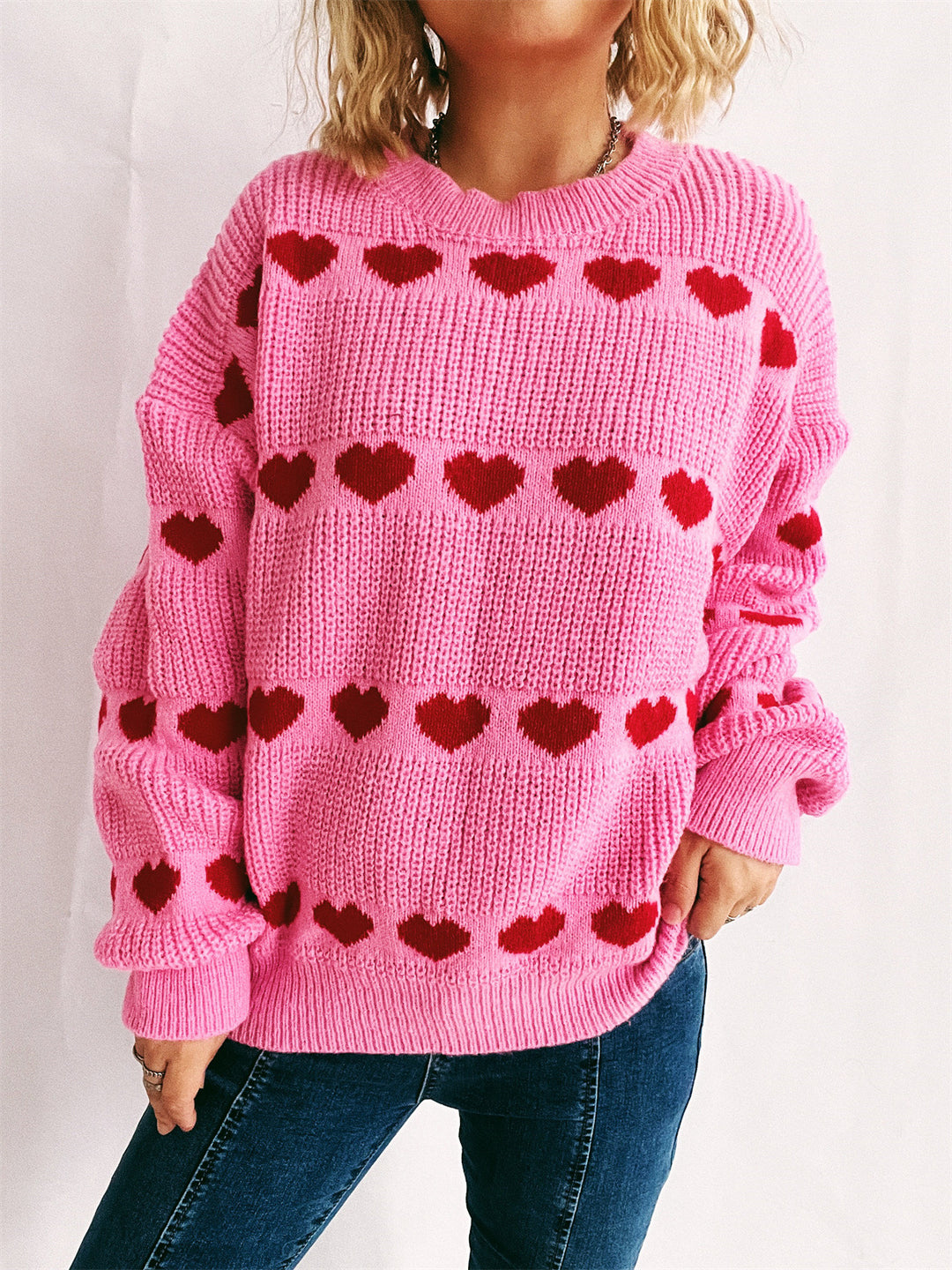 Damen gemütlicher Herzmuster-Strickpullover mit weiten Ärmeln EB