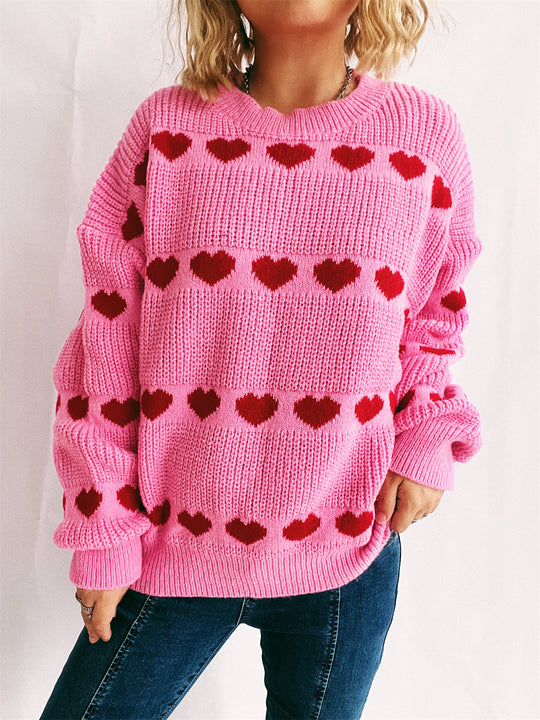 Damen gemütlicher Herzmuster-Strickpullover mit weiten Ärmeln EB