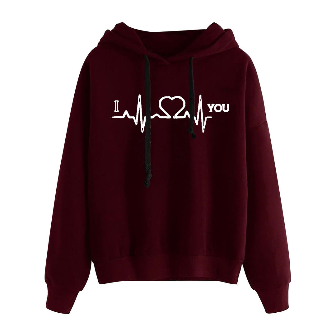 Damen nan leichter Oversize Kapuzenpullover mit Herz‑EKG‑Motiv, langen Kordeln und elastischem Bund EB