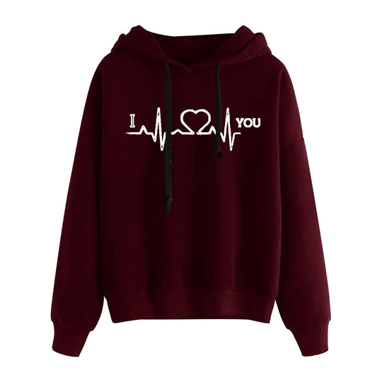 Damen nan leichter Oversize Kapuzenpullover mit Herz‑EKG‑Motiv, langen Kordeln und elastischem Bund EB