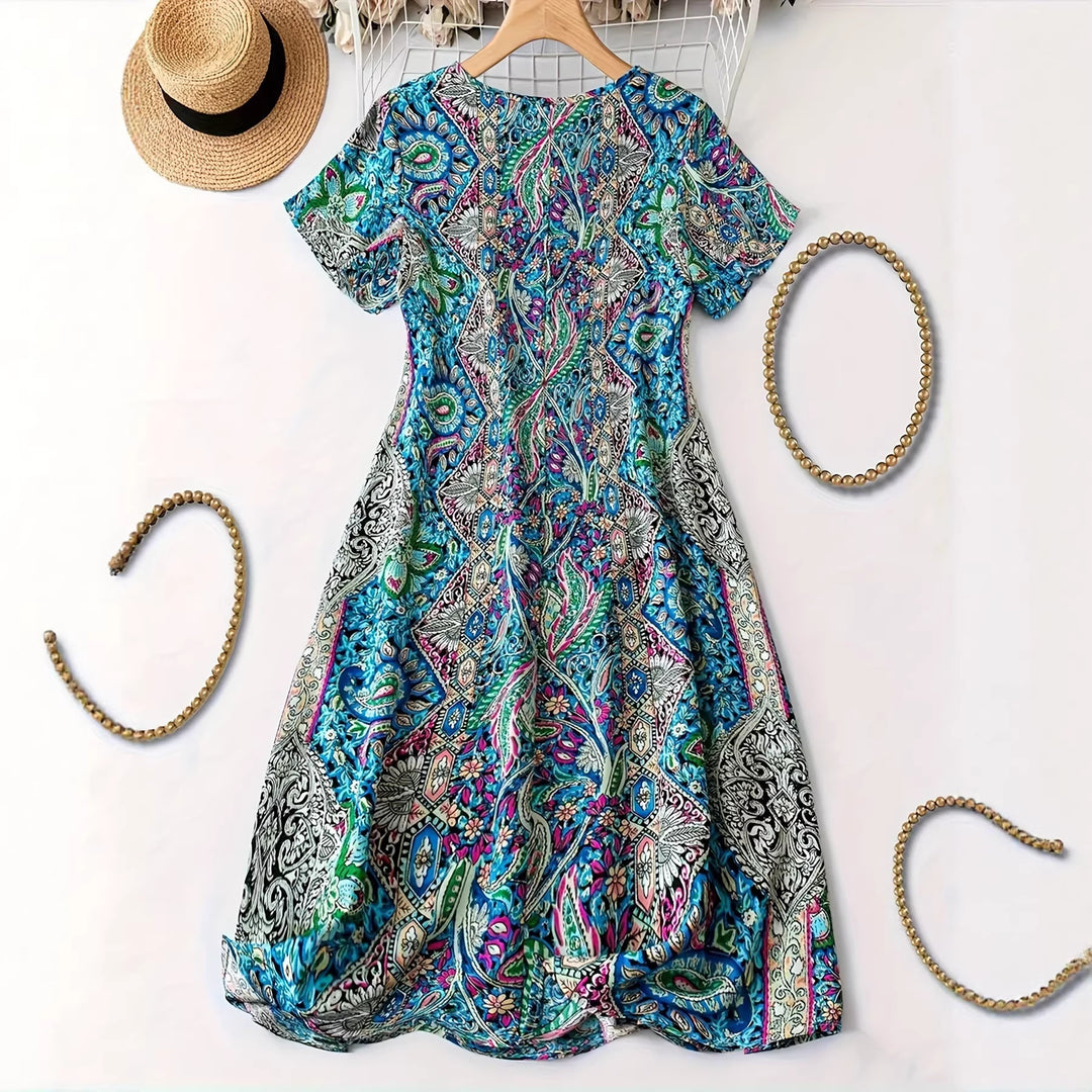 Damen Maxikleid mit V-Ausschnitt und buntem Paisleymuster EB