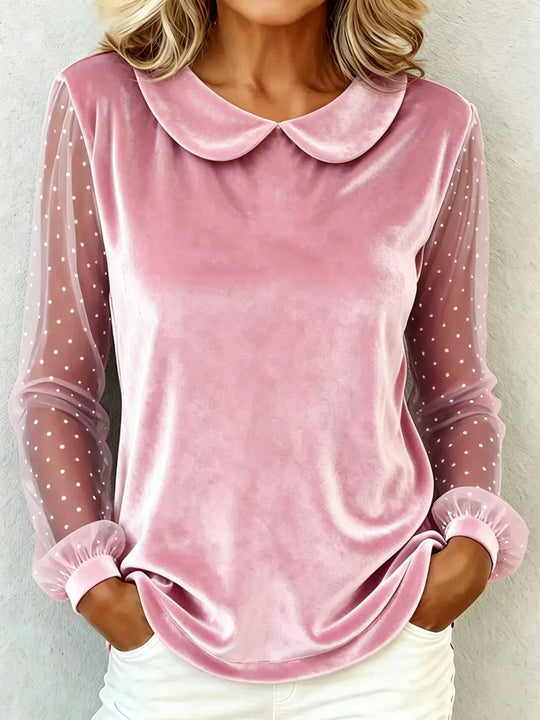 Damen Kuschelige Samtbluse mit Peter-Pan-Kragen und gepunkteten Mesh-Ärmeln EB