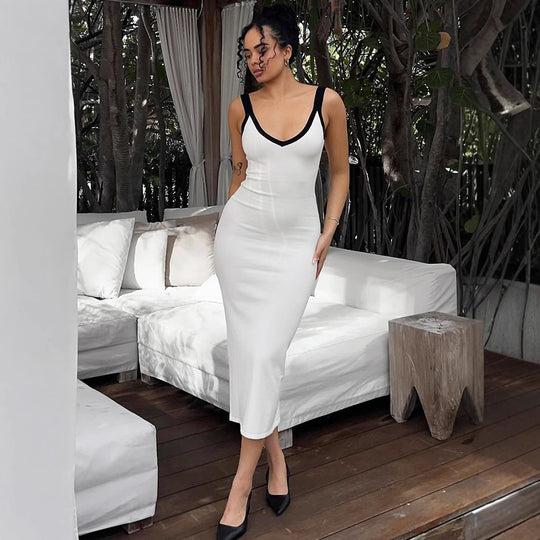 Damen figurbetontes Kleid mit tiefem V-Ausschnitt EB