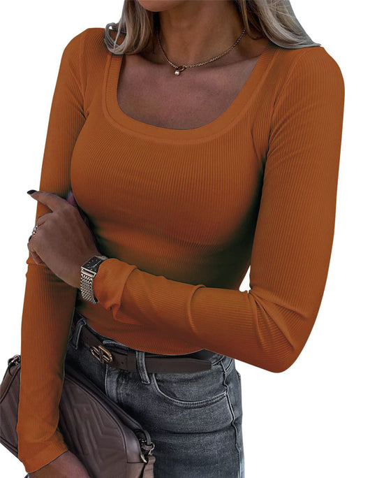 Damen Langarm Ripp-T-Shirt mit elegantem U-Boot-Ausschnitt EB